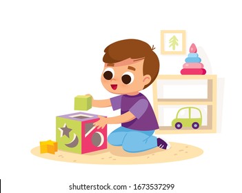 Boy playing with toys. Children's room. Educational toys.