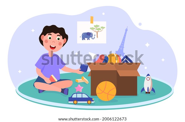 Boy\
playing with toys concept. The child collects toys in a box and is\
happy. Performs housework. Rocket, ball, cube, car. Cartoon flat\
vector illustration isolated on a white\
background