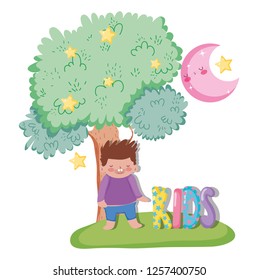 boy playing with tree and moon with stars