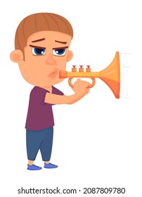 Boy Playing Trumpet. Kid Blowing Brass Horn