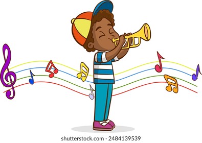 A boy playing trumpet musical instrument illustration.Child musician playing music. boy playing trumpet vector illustration.