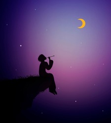 Boy Playing Trumpet On The Edge Of The Rock At Night, Magic Melody,  Night  Music, Vector