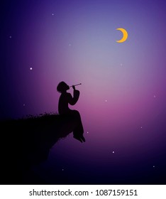 boy playing trumpet on the edge of the rock at night, Magic melody,  night  music, vector