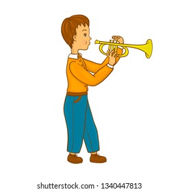 Boy playing trumpet. Vector illustration.
