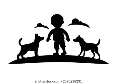 Boy Playing with Two Dogs Outdoors Heartwarming Childhood and Pet Bonding Moment