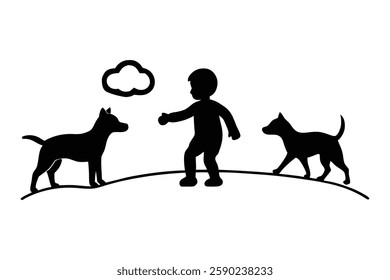 Boy Playing with Two Dogs Outdoors Heartwarming Childhood and Pet Bonding Moment