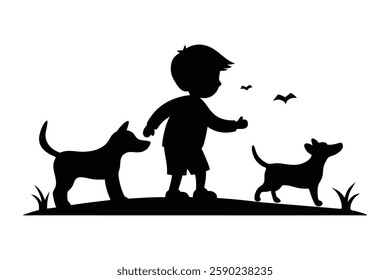 Boy Playing with Two Dogs Outdoors Heartwarming Childhood and Pet Bonding Moment