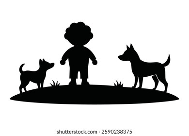 Boy Playing with Two Dogs Outdoors Heartwarming Childhood and Pet Bonding Moment