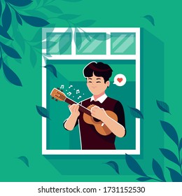 boy playing ukulele in the window illustration background