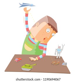 boy playing with various toys
