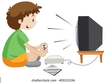 Boy playing vdo game alone illustration