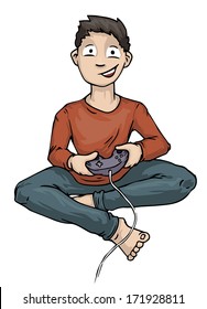 Boy Playing Video Computer Game Holding Controller, vector illustration