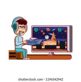 boy playing video game avatar character
