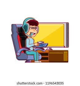 boy playing video game avatar character