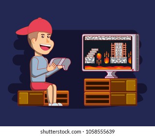 boy playing with video game console