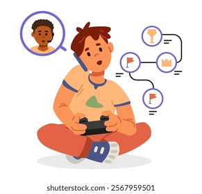 Boy playing video game with his friend talking to him by phone flat vector illustration with icons and symbols.