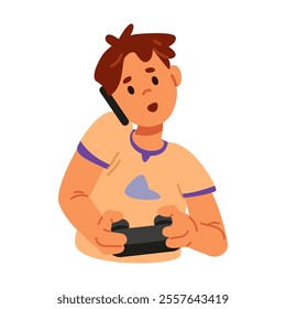 Boy playing video game holding gamepad and talking on the phone flat vector illustration isolated on white.