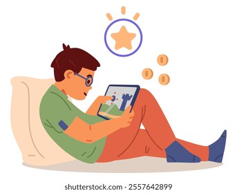 Boy playing video game on tablet flat vector illustration isolated on white. Gadget addiction.