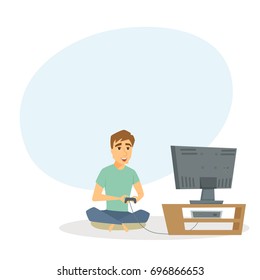 Boy playing video games. Fun young man sitting on floor and using console and joystick together. Home resting and leisure vector illustration