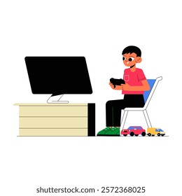 Boy Playing Video Games On Monitor In Flat Vector Illustration Symbolizing Entertainment, Gaming, And Technology, Isolated On White Background