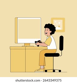 Um menino está jogando video games em uma TV de tela grande, sentado em uma cadeira e segurando um controlador de jogo. A cena é brilhante e alegre.
