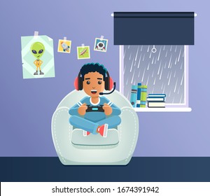 Boy Playing Video Games While It Is Raining Outside The Window