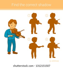 Boy playing violin. Find the correct shadow.Children educational game.Vector illustration.