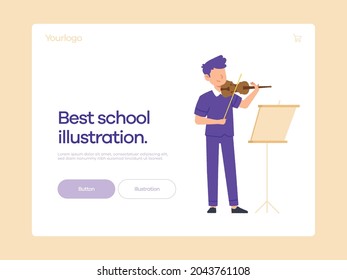 Boy playing the violin in music lesson. Illustration for web design or mobile application.