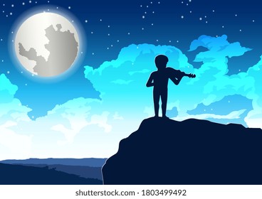 niño tocando violín en el acantilado en noche solitaria, ilustración vectorial