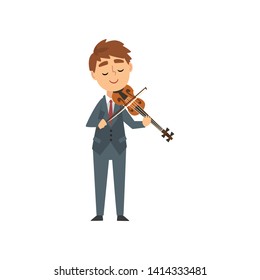 Boy Playing Violin, Talented Young Violinist Character Playing Acoustic Musical Instrument, Concert of Classical Music Vector Illustration