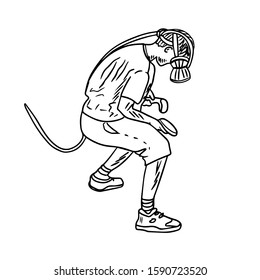 Boy playing a virtual reality game. Sketch in black ink. Hand drawn vector illustration isolated on white background. 