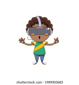 Boy playing virtual reality game, cute child vr headset