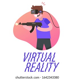 boy playing virtual reality glasses in a shooter. Flat character vector illustration.