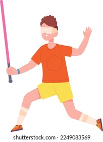 Boy playing in virtual reality with sword. Vr fighing isolated on white background