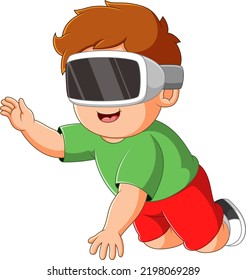 The boy is playing virtual reality and walking crawl to get something of illustration