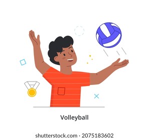 Boy playing volleyball. Child hits ball with his hand and throws it over net. Young male character engaged in sports and leads active lifestyle. Sports competitions. Cartoon flat vector illustration