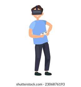 Boy playing vr game illustration in color cartoon style. Editable vector graphic design.
