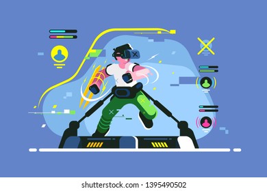 Boy playing in VR games vector illustration. Young guy in headset gaming on virtual reality simulator flat style design. 3d entertainment and playgrounds future concept