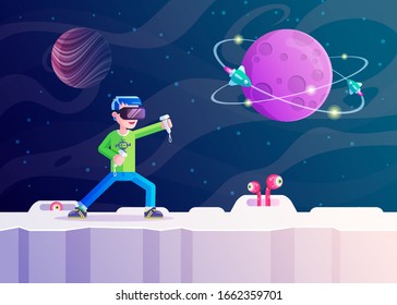 Boy playing VR space game. Flat vector style bright neon colors. Space scenery with planets rocket ships and aliens.