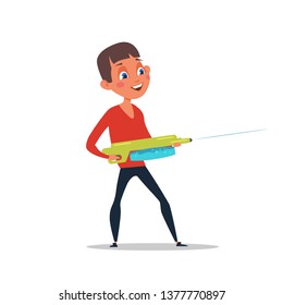 Boy playing with water gun flat illustration. Naughty child cartoon character in kindergarten. Kids leisure activity isolated clipart. Toddler having fun, shooting from plastic pistol design element