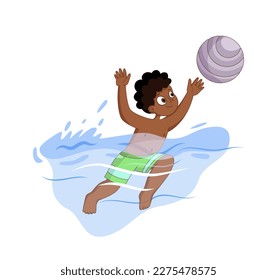 Boy playing water polo. Cute child throws or catches ball. Active lifestyle and sports. Competition and tournament, team sport. Little athlete and sportsman. Cartoon flat vector illustration