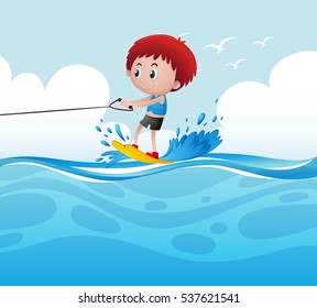 Boy playing water ski in the ocean illustration