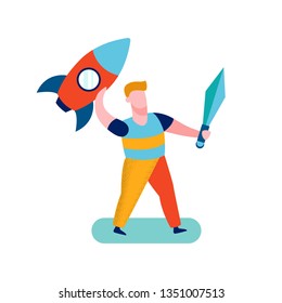 Boy Playing in Yard Cartoon Vector Illustration. Break in School, Kindergarten. Kid Dreaming about being Knight. Sword and Rocket Soft Toys. Schoolkid Imaginating Fight, Adventures Flat Drawing