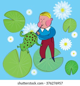 Boy playing/blowing up the frog staying on a nymphaea on a pond