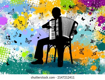The boy plays the accordion. Vector illustration
