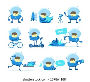 The boy plays an astronaut. Character set. Mascot cartoon. Playground games. Cartoon flat vector stickers.