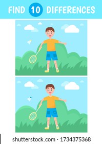 A boy plays badminton against the background of nature in the summer. Find ten differences. Vector.