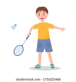 A boy plays badminton. Children's activity, sports. Isolated illustration on a white background. Vector.