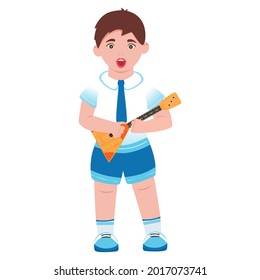The boy plays the balalaika. Vector. Cartoon style.