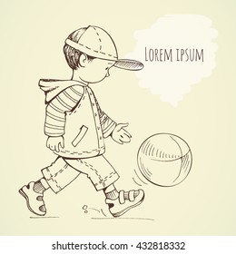 Boy plays with a ball. Drawing by hand. Background on the topic of motherhood and childhood
